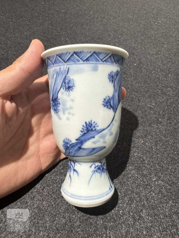 清康熙 青花教子图高足杯 - 图3
